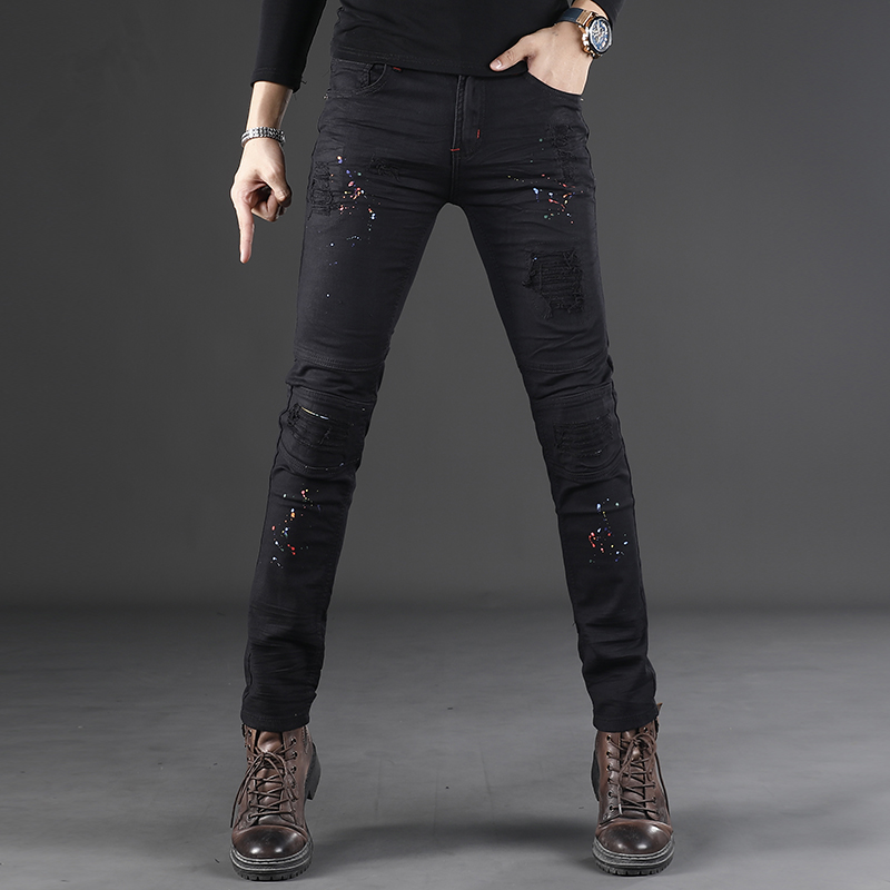 泼墨印花破洞黑色牛仔裤男