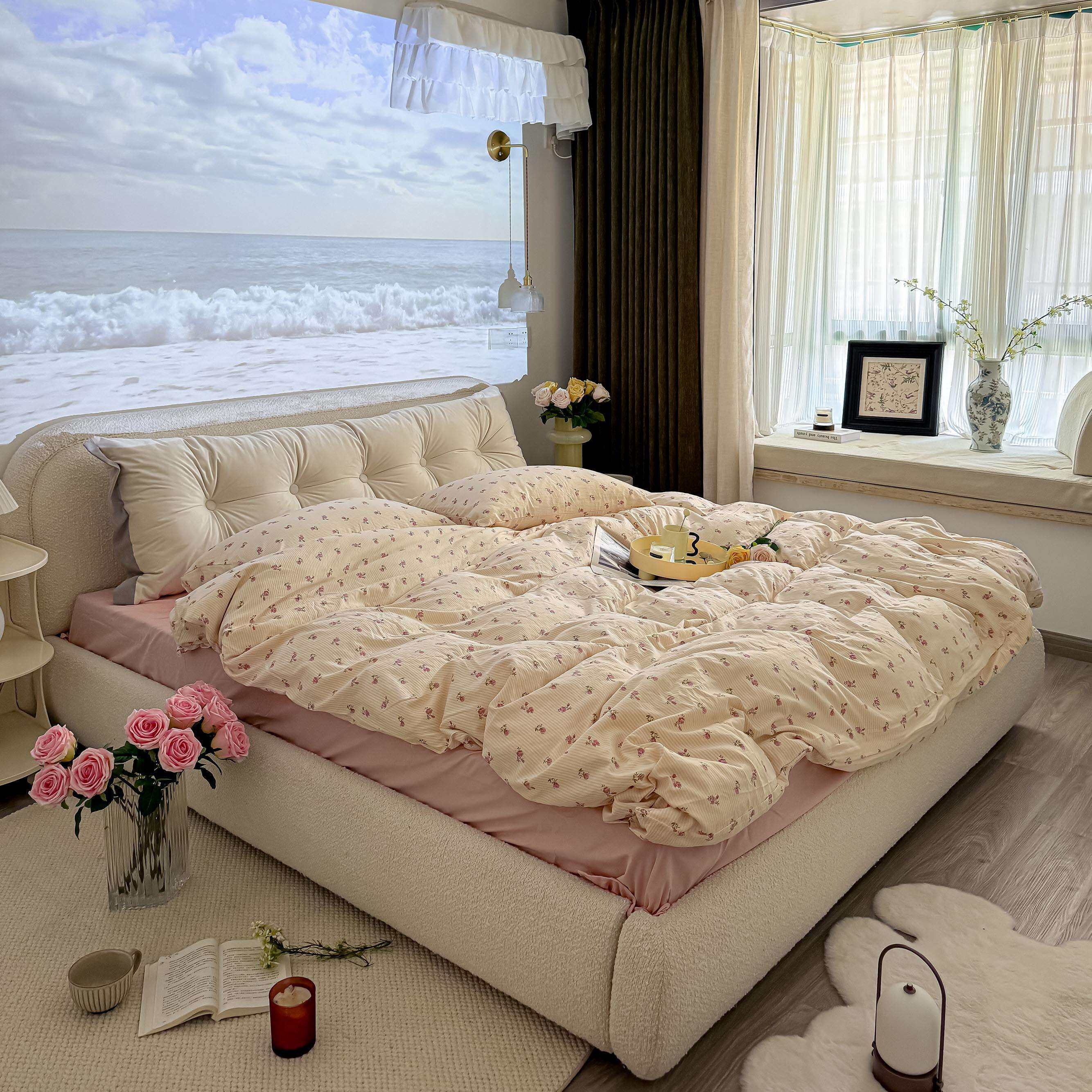 全棉皱皱双层纱床上四件套1.5m1.8米少女心纯棉被套宿舍床笠套