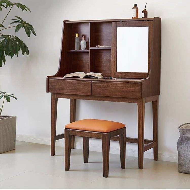 北美黑胡桃梳妆台实木小户型卧室家具轻奢化妆桌带镜子收纳柜工厂