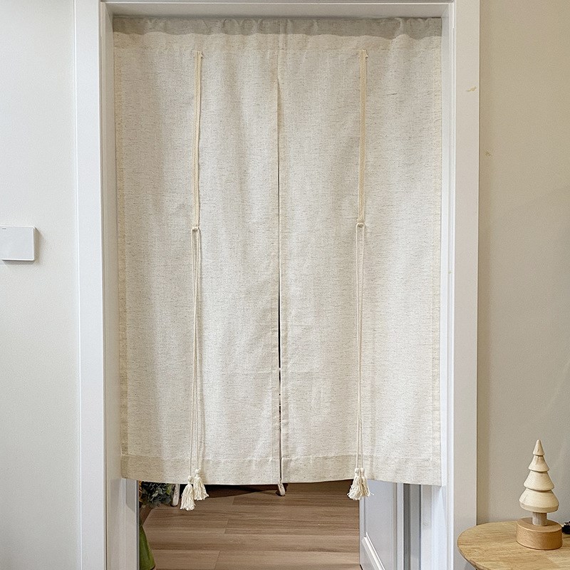 日式亚麻素色分片米色门帘吊穗绑绳出租屋半帘卧室隔断短帘商