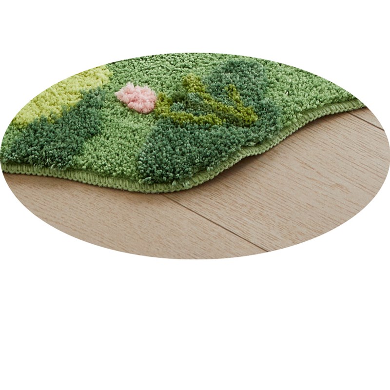 绿色床边地毯卧室植绒田园小花高低毛四季通用客厅小地毯可水洗垫