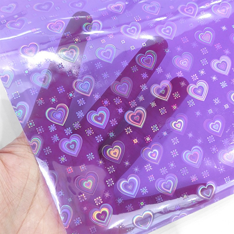 新款0.4mm彩色幻彩爱心点点PVC镭射透明膜装饰手账笔袋盒箱包材料