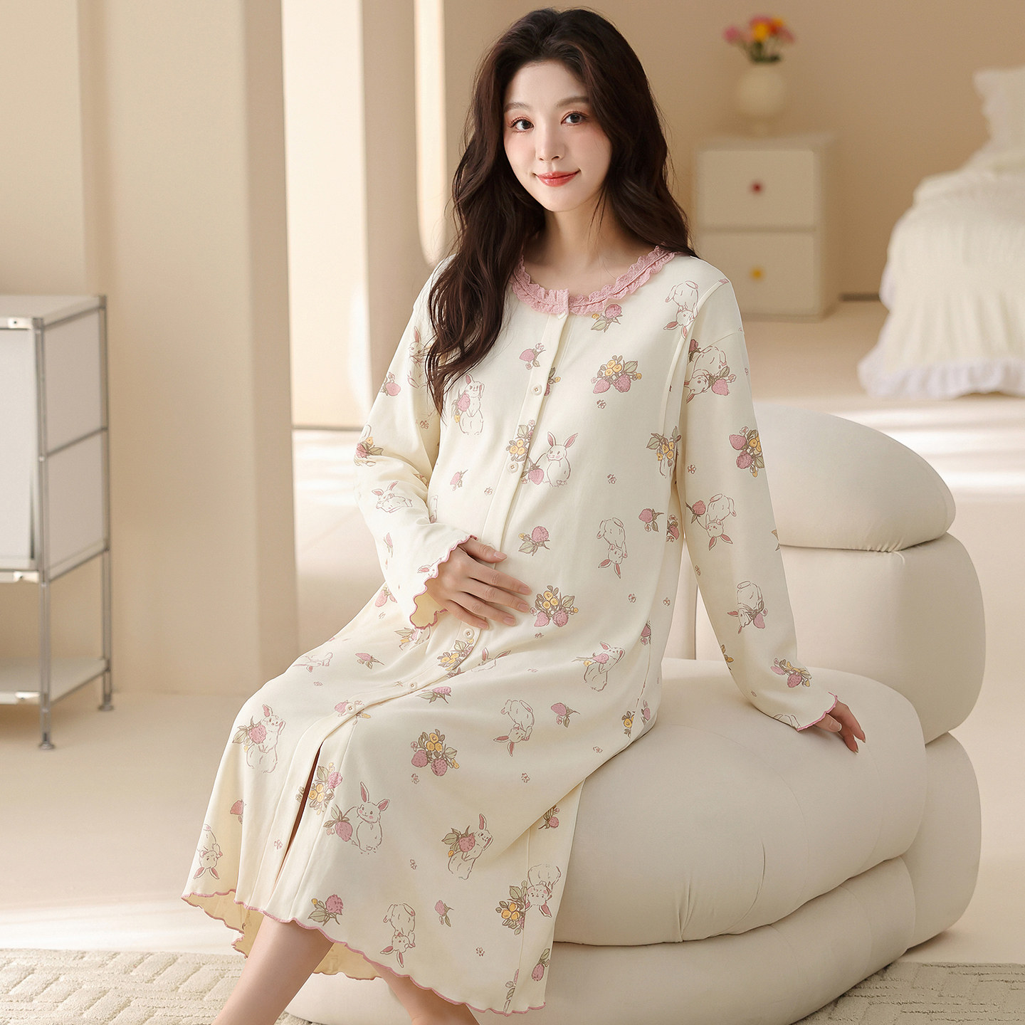 猫人纯棉月子服长袖哺乳开衫睡裙