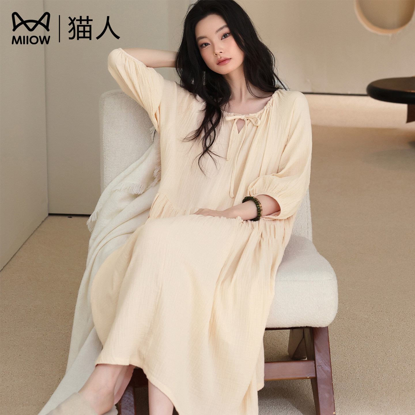 猫人纯棉睡裙女款秋冬纱布连衣裙