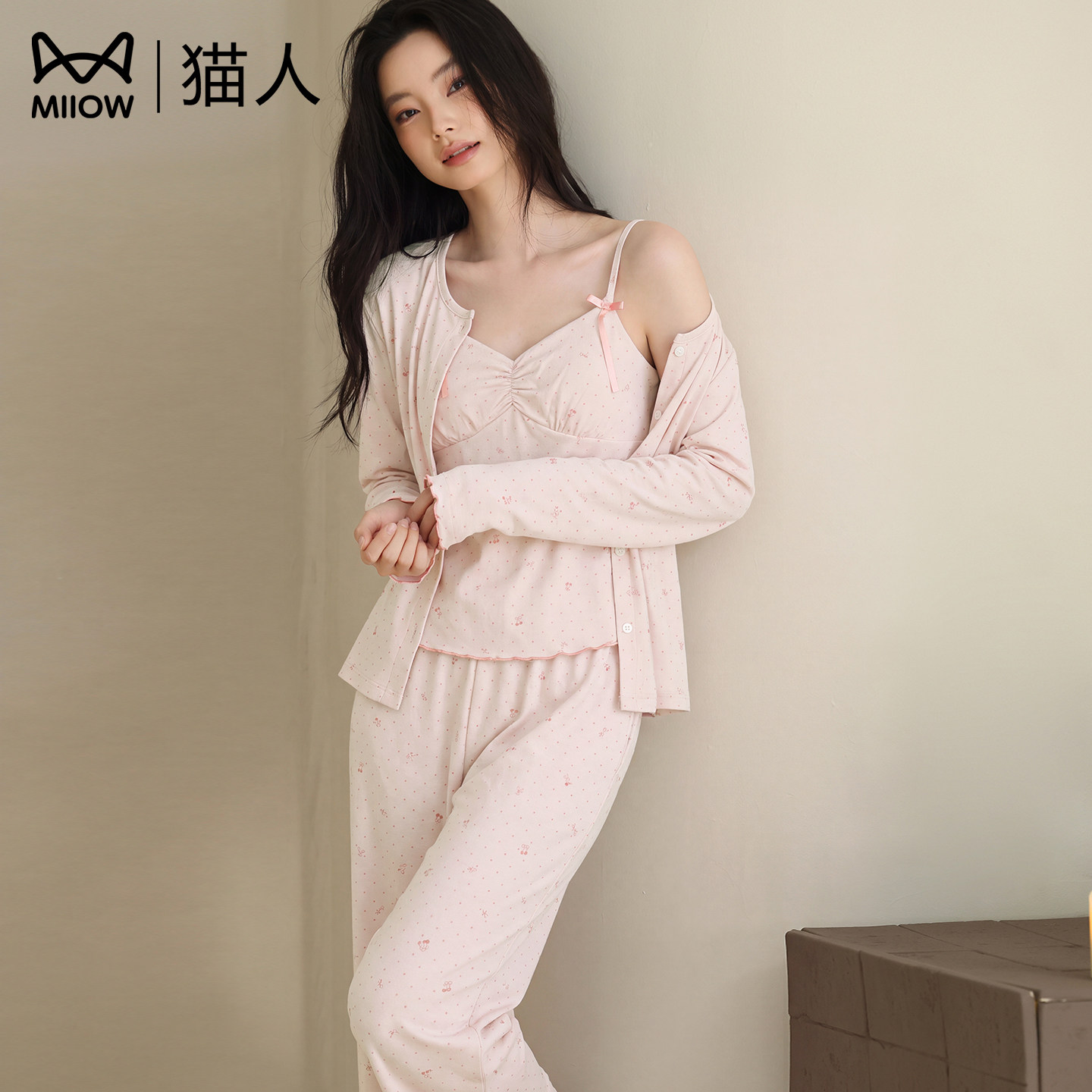 猫人纯棉带胸垫睡衣女春秋三件套