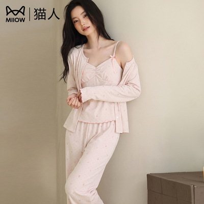 猫人纯棉带胸垫睡衣女春秋三件套
