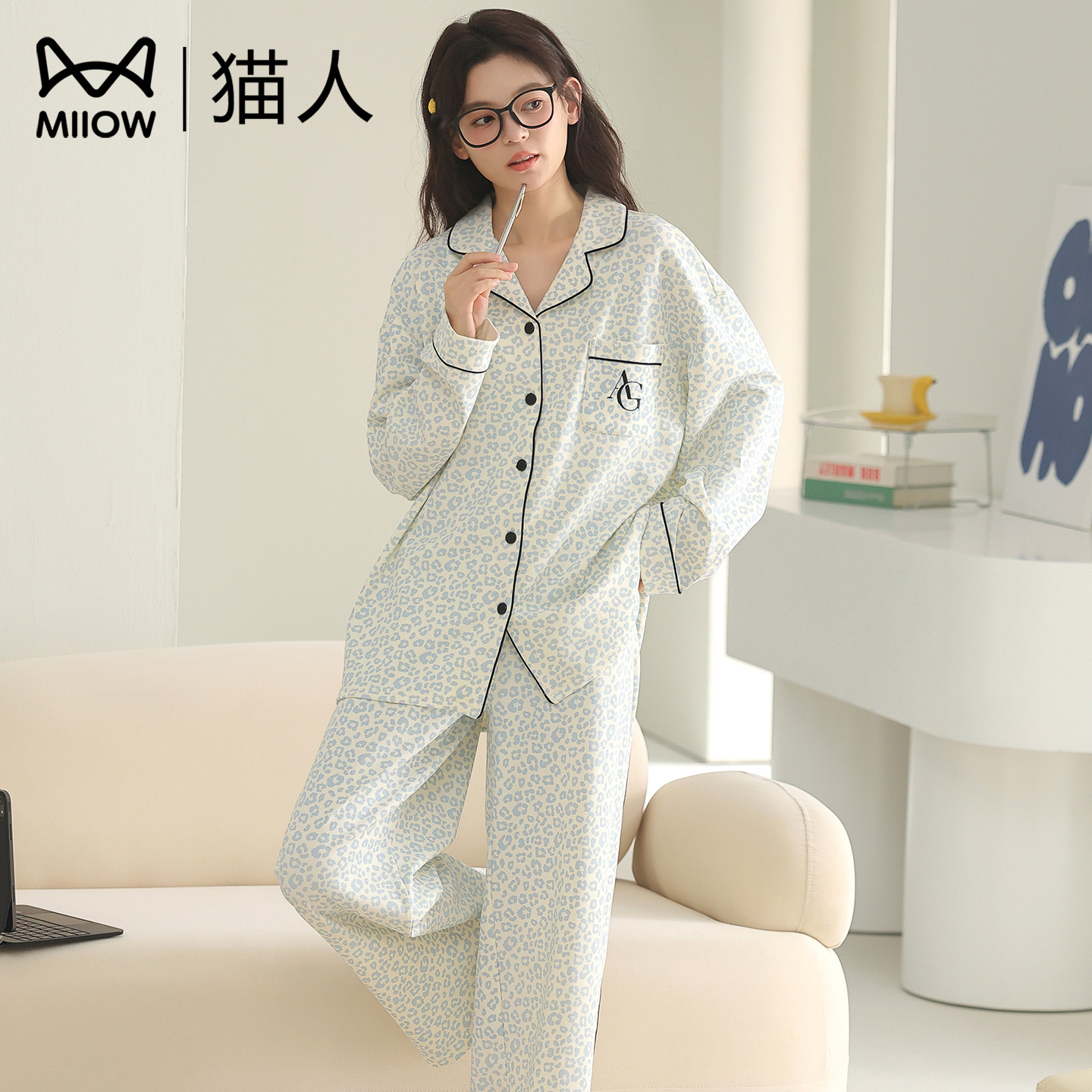 猫人纯棉睡衣女生秋冬长袖两件套