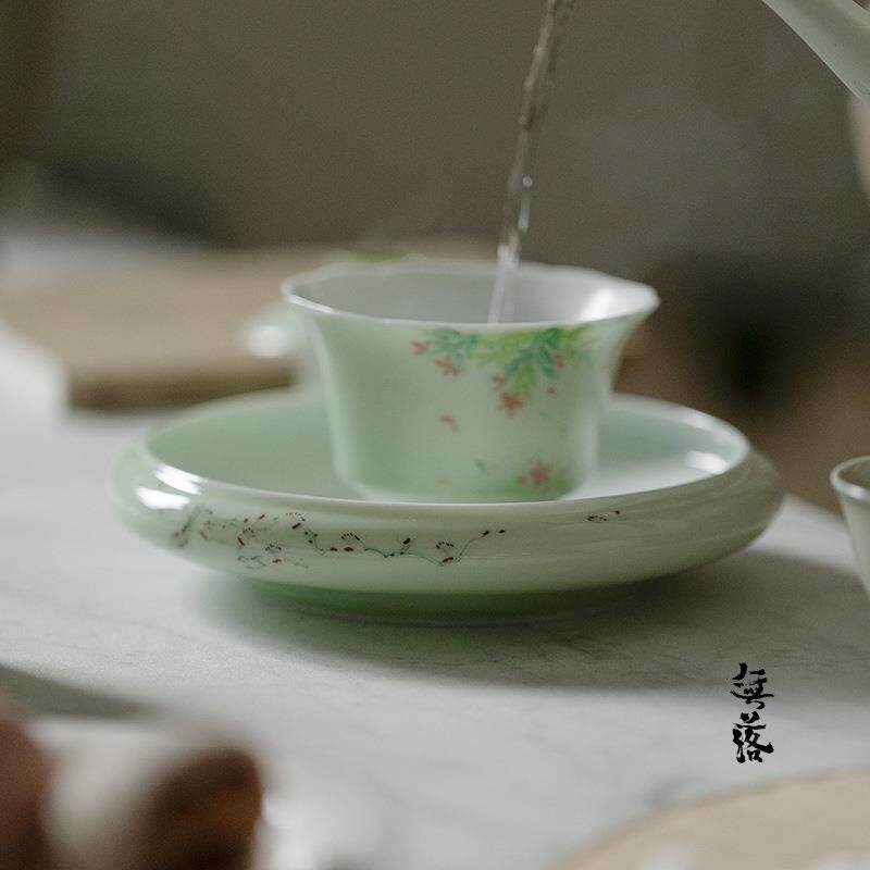 无落 果青釉下粉彩手绘文砚探幽花口壶承干泡茶席干泡盘茶台茶盘