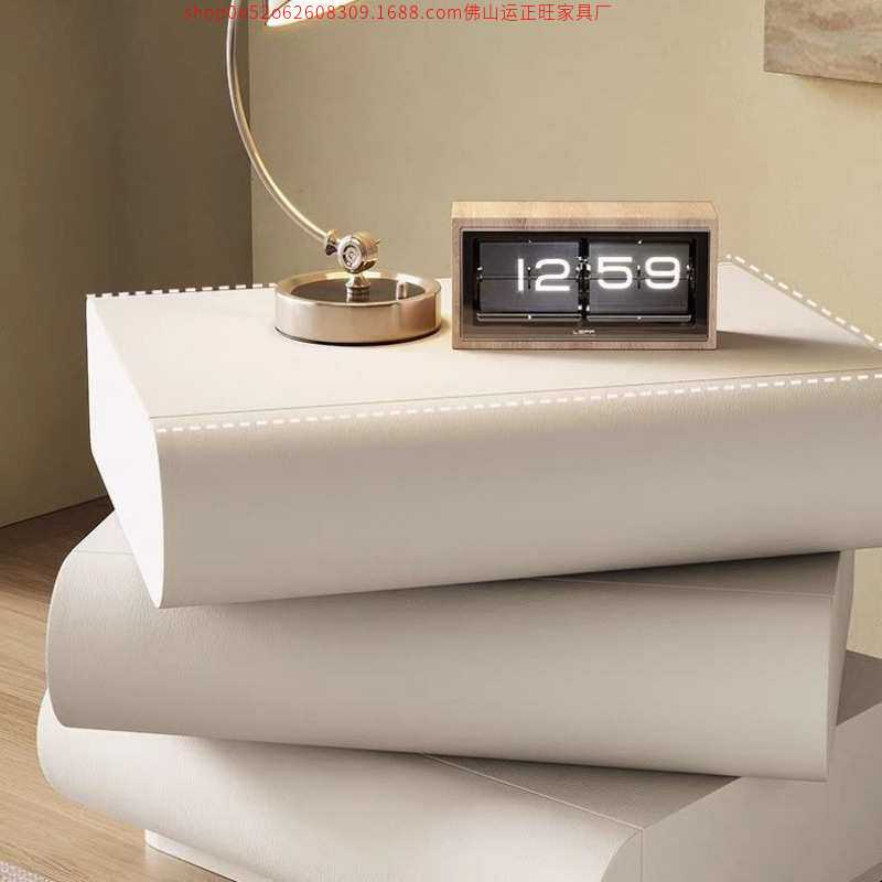 法式奶油风床头柜月半可旋转床边柜实木收纳柜皮质现代简约三斗柜