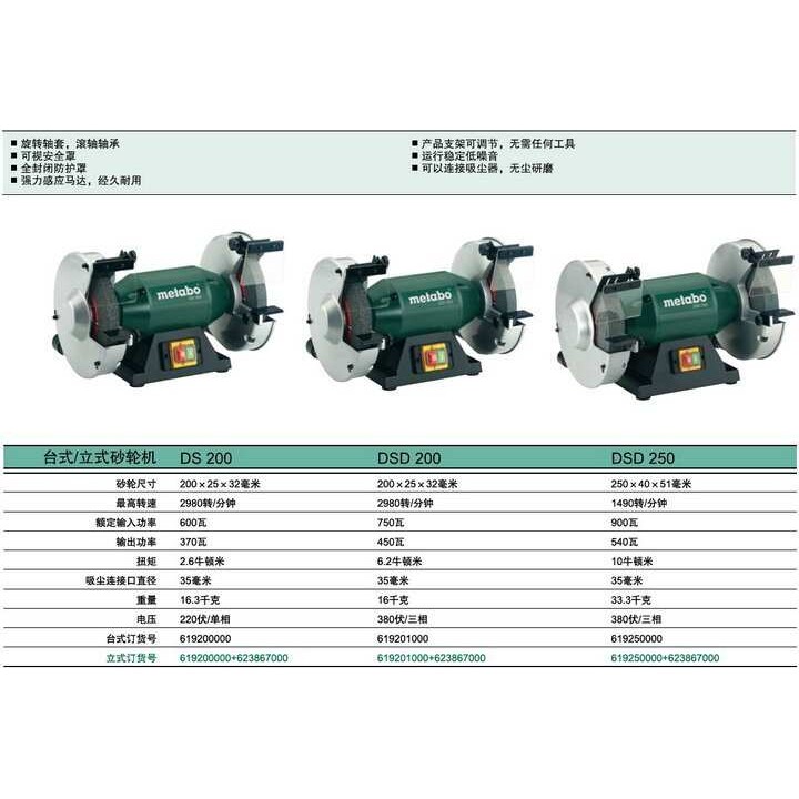 metabo德国麦太保DSD200立式200mm砂轮机8寸三相电380V台式砂轮机