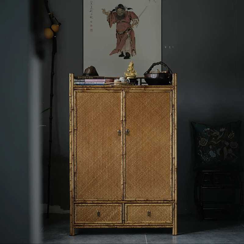 老料梅鹿竹 落地茶柜 茶具收纳展示柜 带柜门抽屉 明式家具置物柜