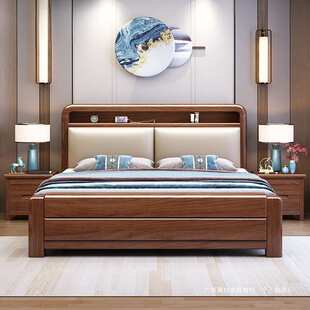 现代简约主卧1.8x2米双人大床1.5米软靠婚床檬榆金丝胡桃木实木床