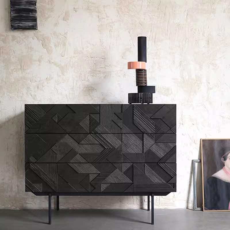 北欧实木三斗柜中古储物柜诧寂风复古雕花进口白橡木餐边柜玄关柜