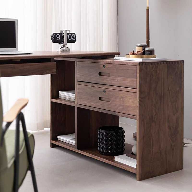 北美黑胡桃木书桌实木转角电脑办公桌新中式樱桃木书柜一体学习桌