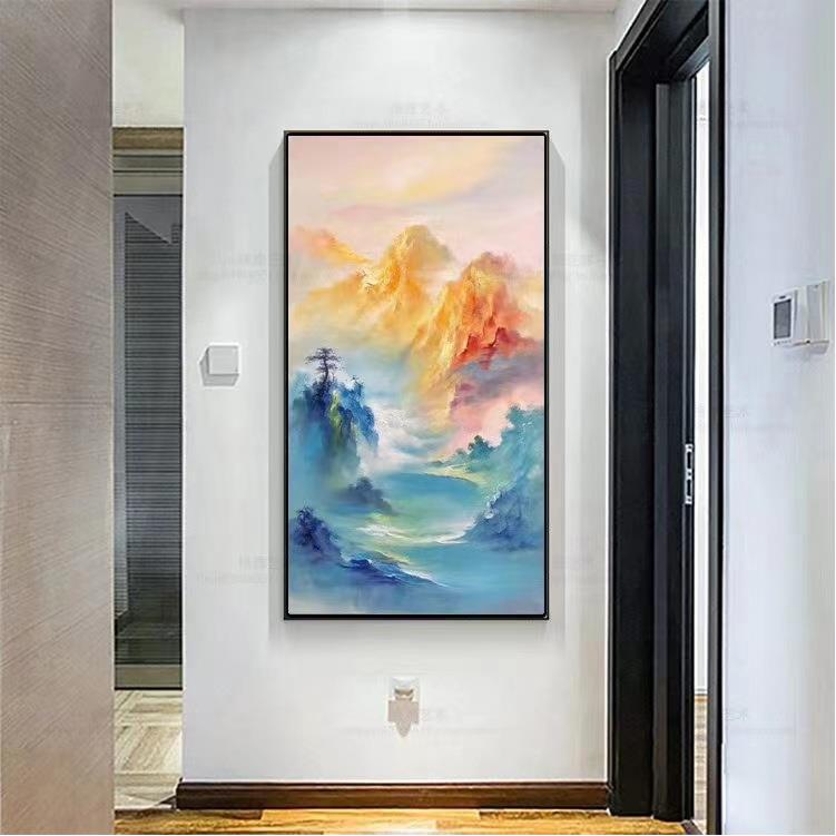 纯手绘流水聚财风景油画新中式聚宝盆玄关竖款装饰画高档写实挂画