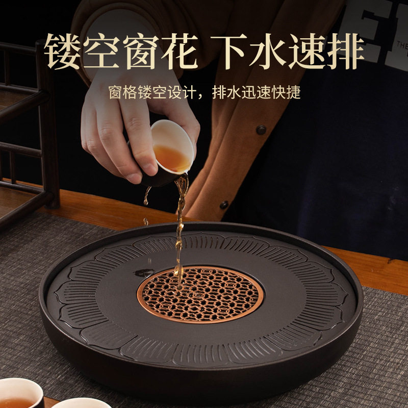 圆形茶盘家用粗陶干泡盘茶台简约茶盘客厅办公储水干泡圆盘