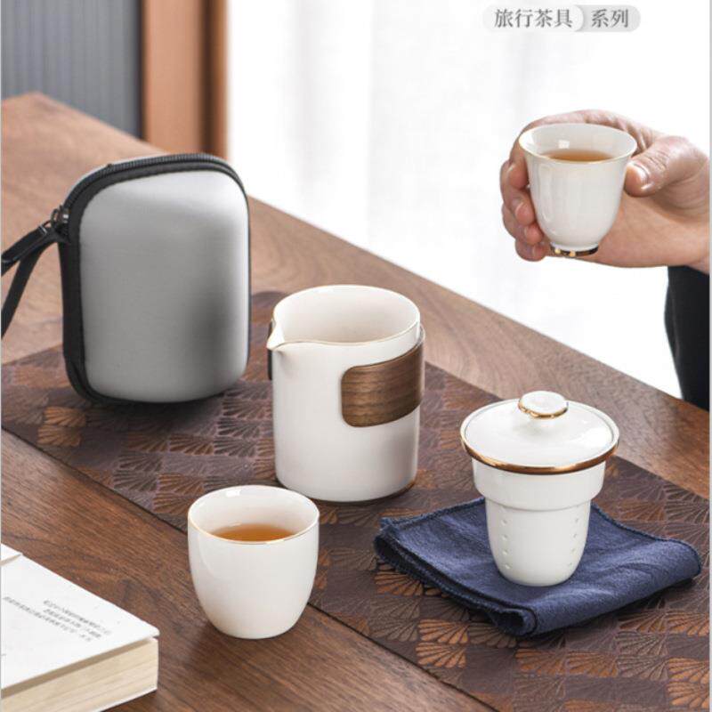 跨境出口便携式旅行茶具套装简易功夫泡茶壶户外喝茶白瓷快客杯