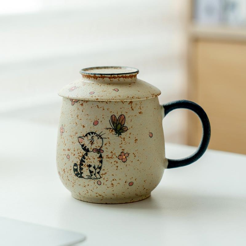 高档泡茶杯青花火石红纯手绘呆萌猫咪陶瓷办公杯过滤带盖杯子