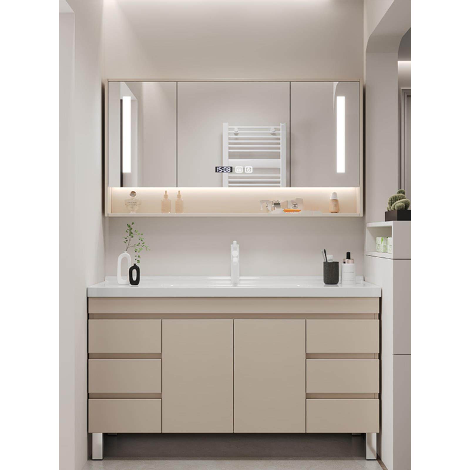 奶茶色浴室柜组合卫生间洗手盆厕所洗脸盆洗漱台一体陶瓷盆落地柜