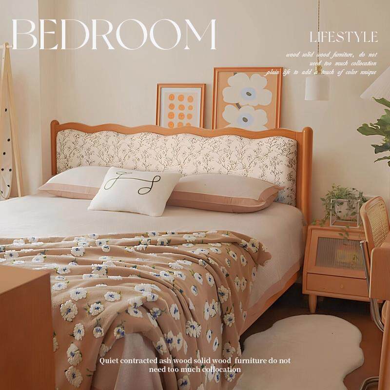 法式实木床樱桃色北欧复古1米8双人床中古风现代简约卧室软包婚床
