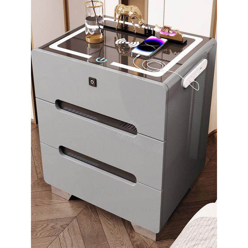 智能多功能床头柜白色烤漆卧室储物柜LED灯无线充蓝牙音箱指纹锁