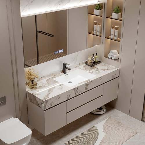 新款浴室柜组合岩板陶瓷无缝一体盆卫生间洗漱台洗脸盆柜洗手盆柜