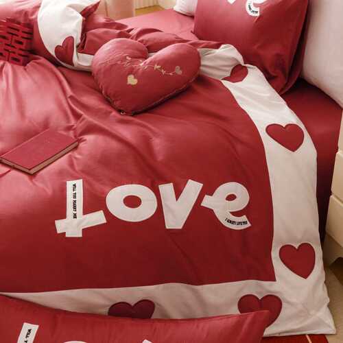 浪漫love婚庆澳棉四件套红色爱心贴布绣被套结婚床品