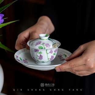 釉下手绘铃兰花壶承白瓷盖碗底托干泡盘陶瓷茶具配件茶点盘果盘