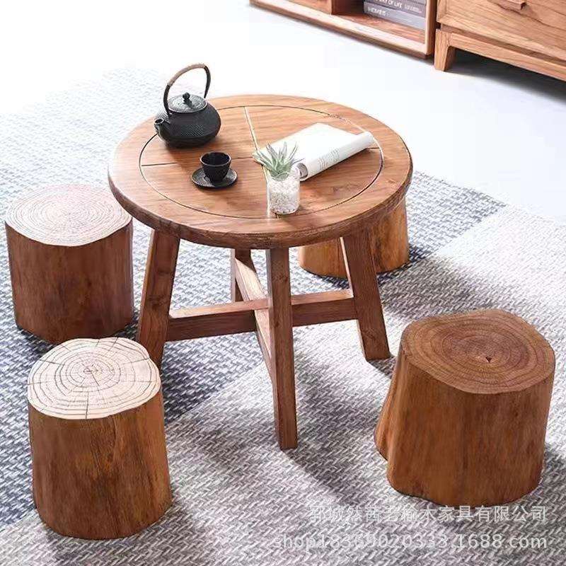 新款老榆木小茶桌商用圆形咖啡桌实木餐桌椅家用小茶几阳台喝茶桌