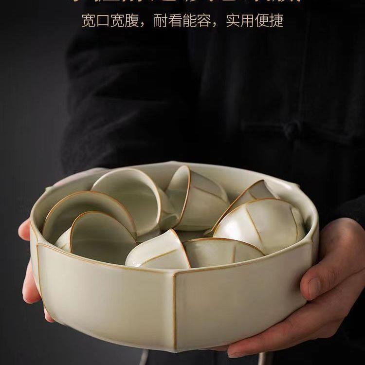 米黄汝窑茶洗缸大号特大水盂笔洗天青色茶具盆配件家用茶渣缸