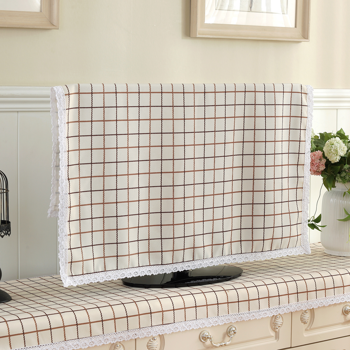 韩系风格格子蕾丝边万能盖巾