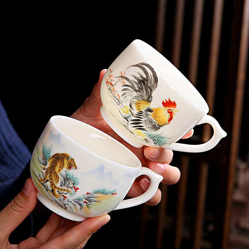 12生肖羊脂玉瓷大号咖啡杯带底碟隔热带把中国白茶杯主人杯