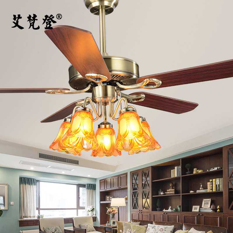 客厅风扇灯 木叶吊扇灯客厅欧式带灯铁叶电风扇灯的家用风扇吊灯