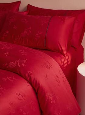 新中式竹子提花婚庆四件套红色被套新婚床单喜被结婚床上用品婚嫁