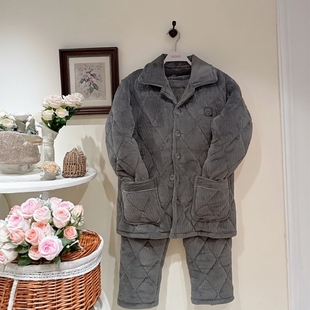 香蜜闺秀男士 翻领三层夹棉睡衣25424043绒毛蓄暖防风家居服套装