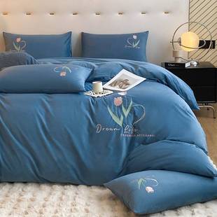 亲肤舒适透气款 水晶绒双拼刺绣郁金香系列四件套双人床可水洗机洗