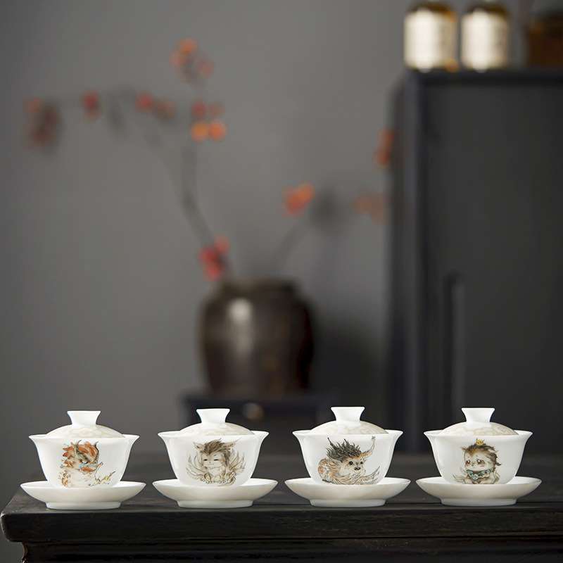 冰种高端手绘山海经盖碗单个陶瓷三才盖碗茶杯茶盏茶碗三才不烫手