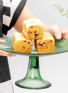 墨绿色现代创意轻奢高脚水果盘家居客厅茶几餐桌彩色条纹玻璃盘