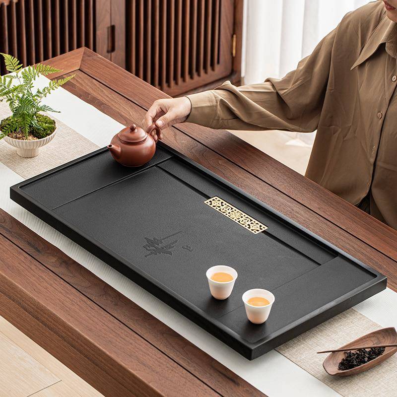 静心天然乌金石茶盘整块天然石材石头茶盘家用大小号排水茶台茶盘