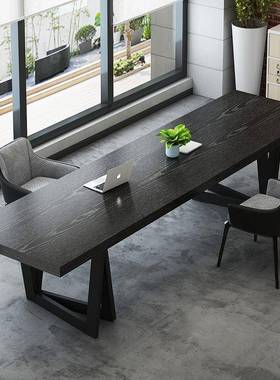 客厅实木长书桌大板桌工作台电脑桌黑色创意设计师轻奢老板办公桌