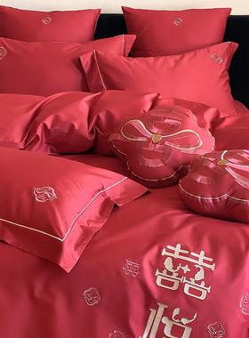 婚庆四件套长绒棉刺绣结婚纯棉被套床单红色婚庆结婚床品