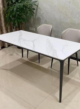 意式纯白岩板餐桌铝合金餐台现代简约长方形小户型奶茶店餐桌