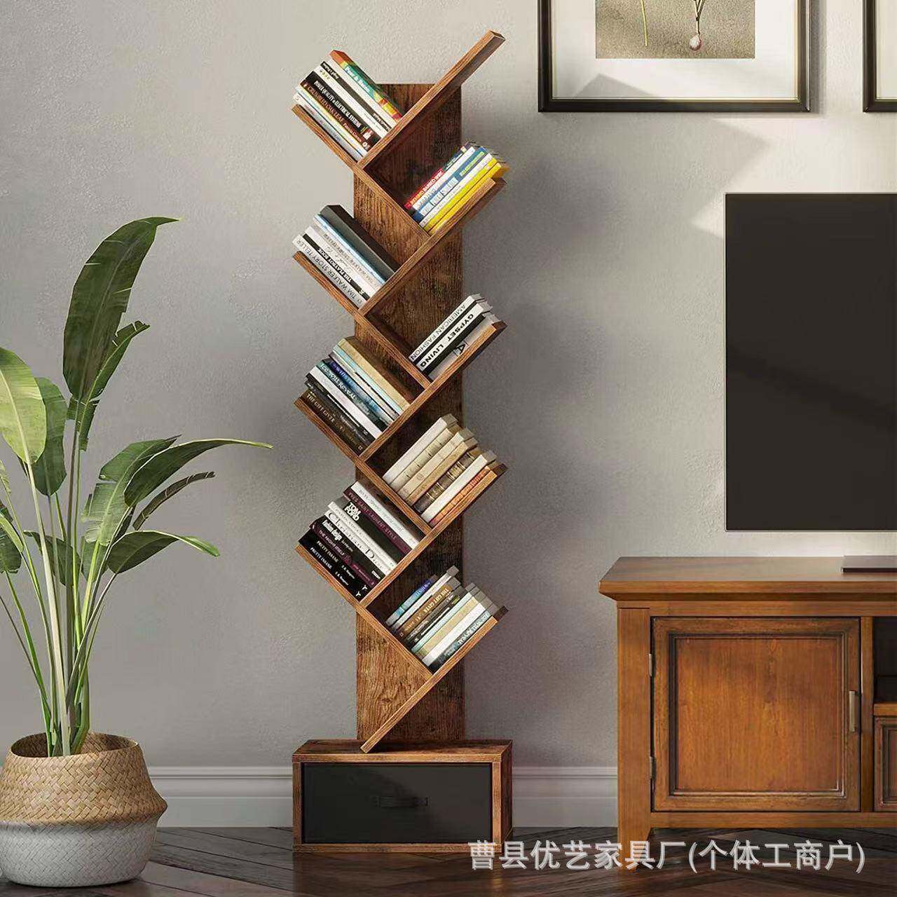木质带抽屉树状创意书架儿童书柜可移动简易置物架带抽屉美式书架