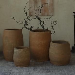 现货田园纯手工圆柱土陶罐摆件落地大花盆复古民宿造景花瓶