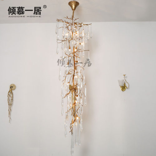 简约美式别墅酒店客房灯复式旋转楼梯吊灯客厅卧室灯全铜水晶灯具