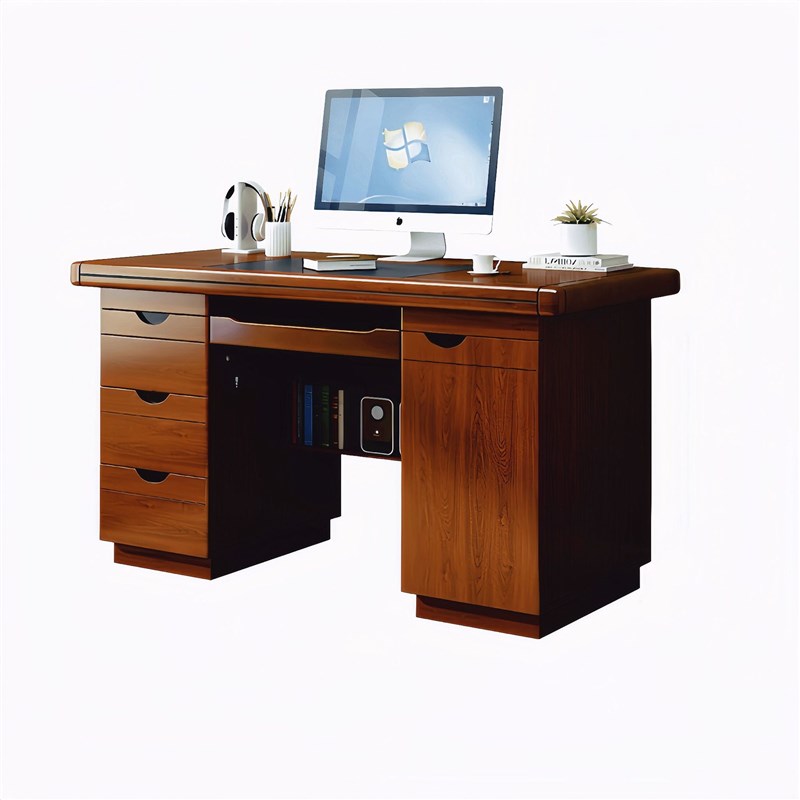 实木油漆办公桌职员单人电脑桌带抽屉办公室老板桌带锁现代简约