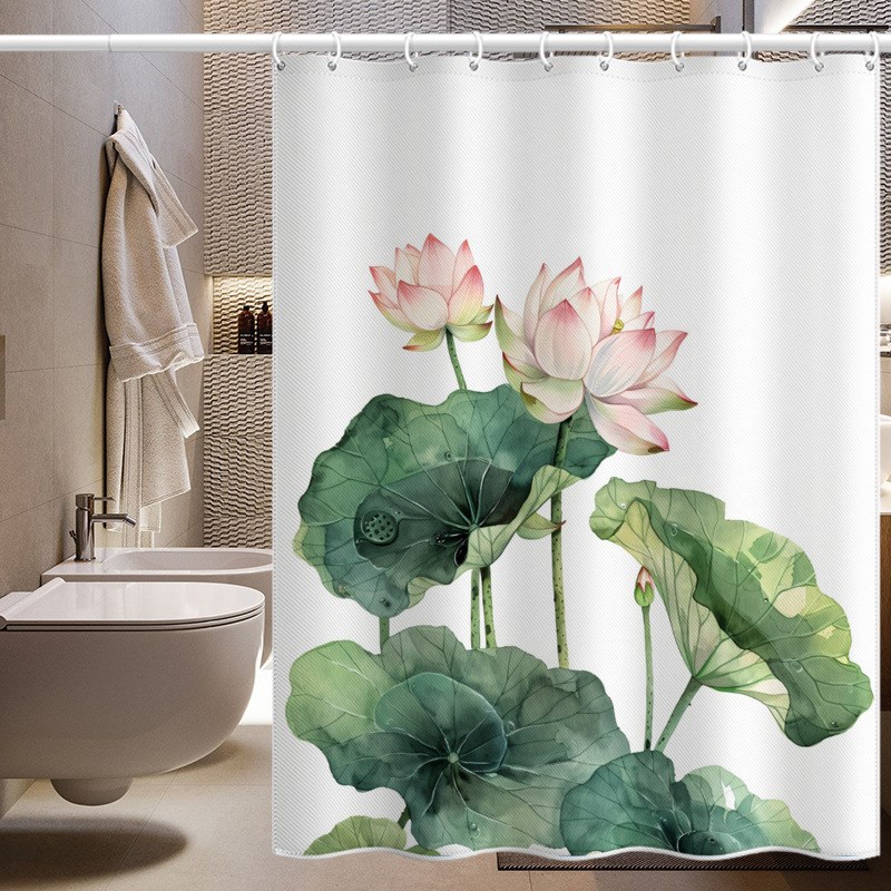 微妙荷花布浴帘浴室套装隔断帘免打孔防水布门帘短帘酒店浴室布帘