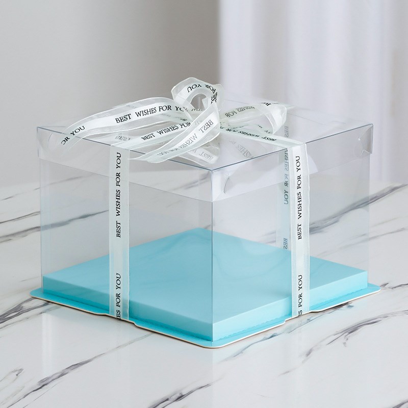 厂家供应烘焙包装4/6/8/10/12寸蓝色三合一方形全透明生日蛋糕盒