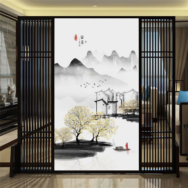 新中式现代简约水墨山水画玄关墙布走廊竖版过道壁画入户客厅壁纸