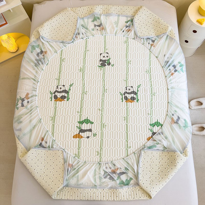 可爱熊猫攀竹2024新款冰丝凉席三件套冰感可水洗儿童学生宿舍床垫